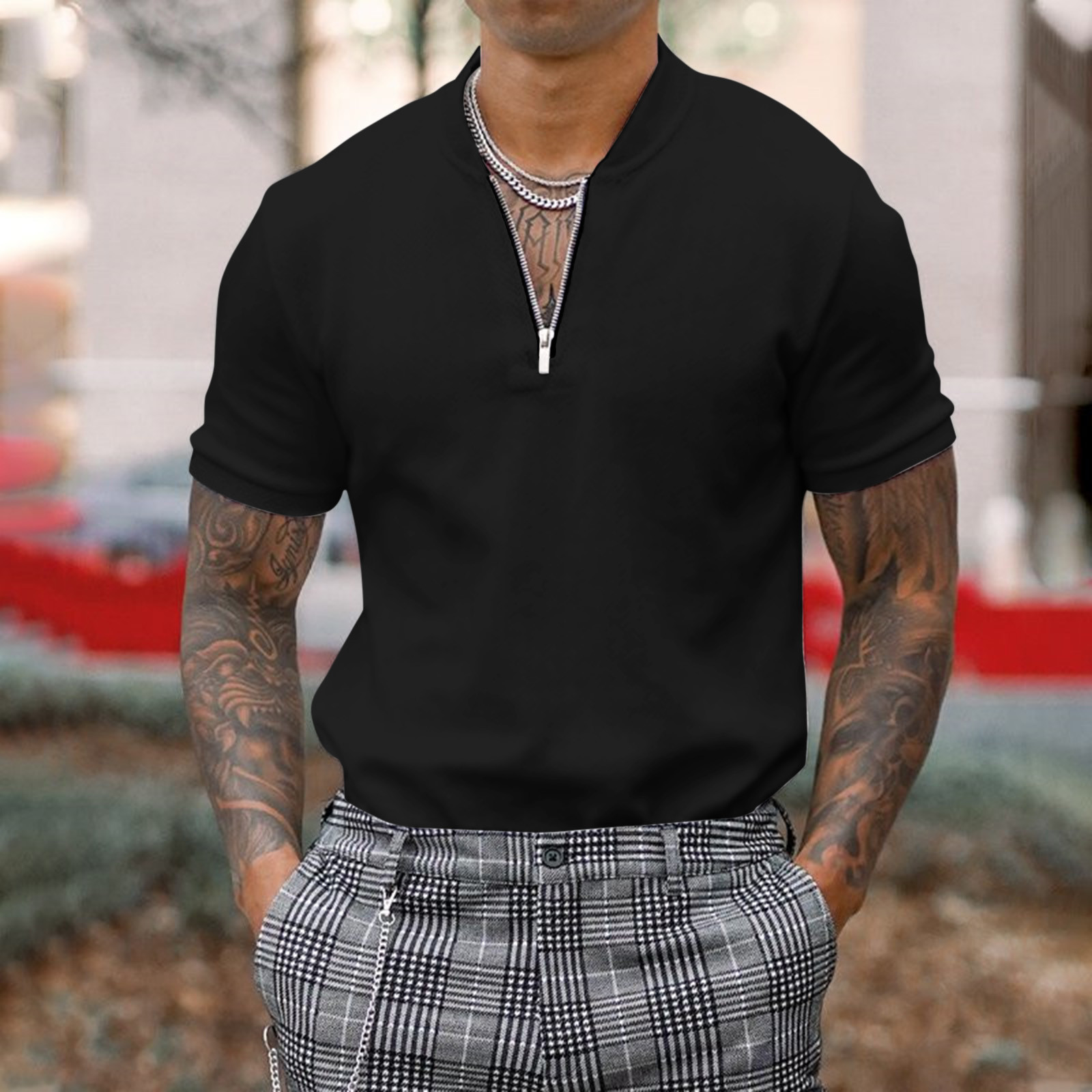 thumbnail image 2 of Blusa de manga corta con cuello alto y cremallera para hombre - Camisa informal de poliéster liso - Oficina/cita/fiesta de verano, 2 of 5